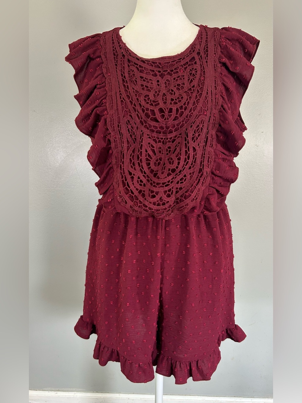 Burgundy Crochet Lace Bib Ruffle Shorts Romper Romantic Boho Resort Feminine L